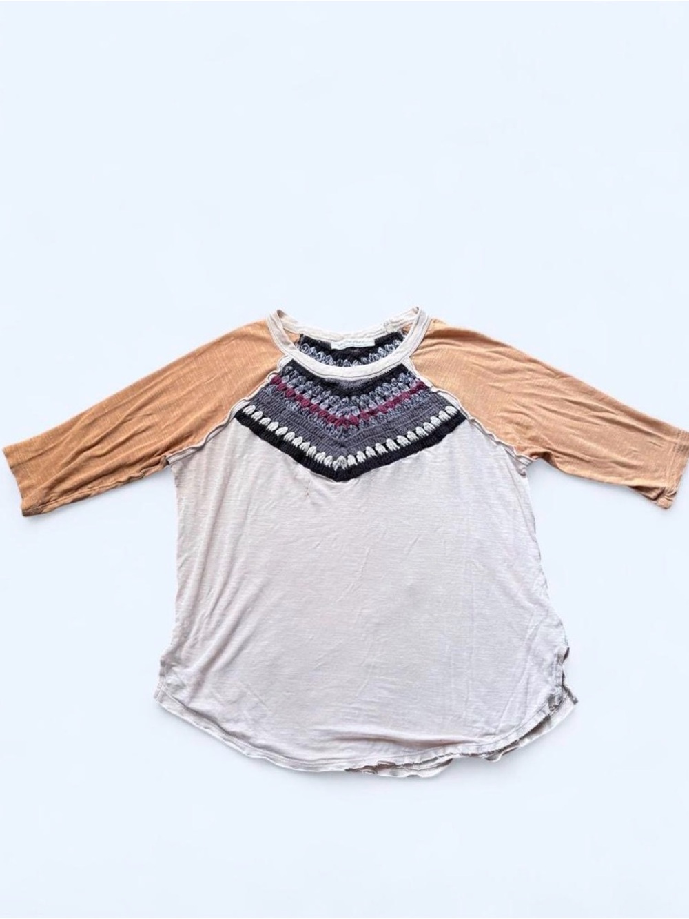 We The Free Beige Body Raglan Top with Tan Sleeves and Embroidered Yoke